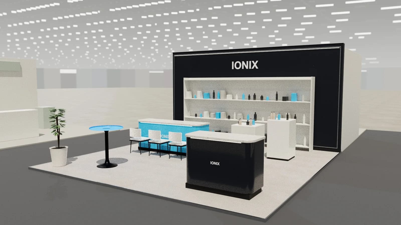Beauty bar: 6 × 6 m peninsula stand rendered in Studio