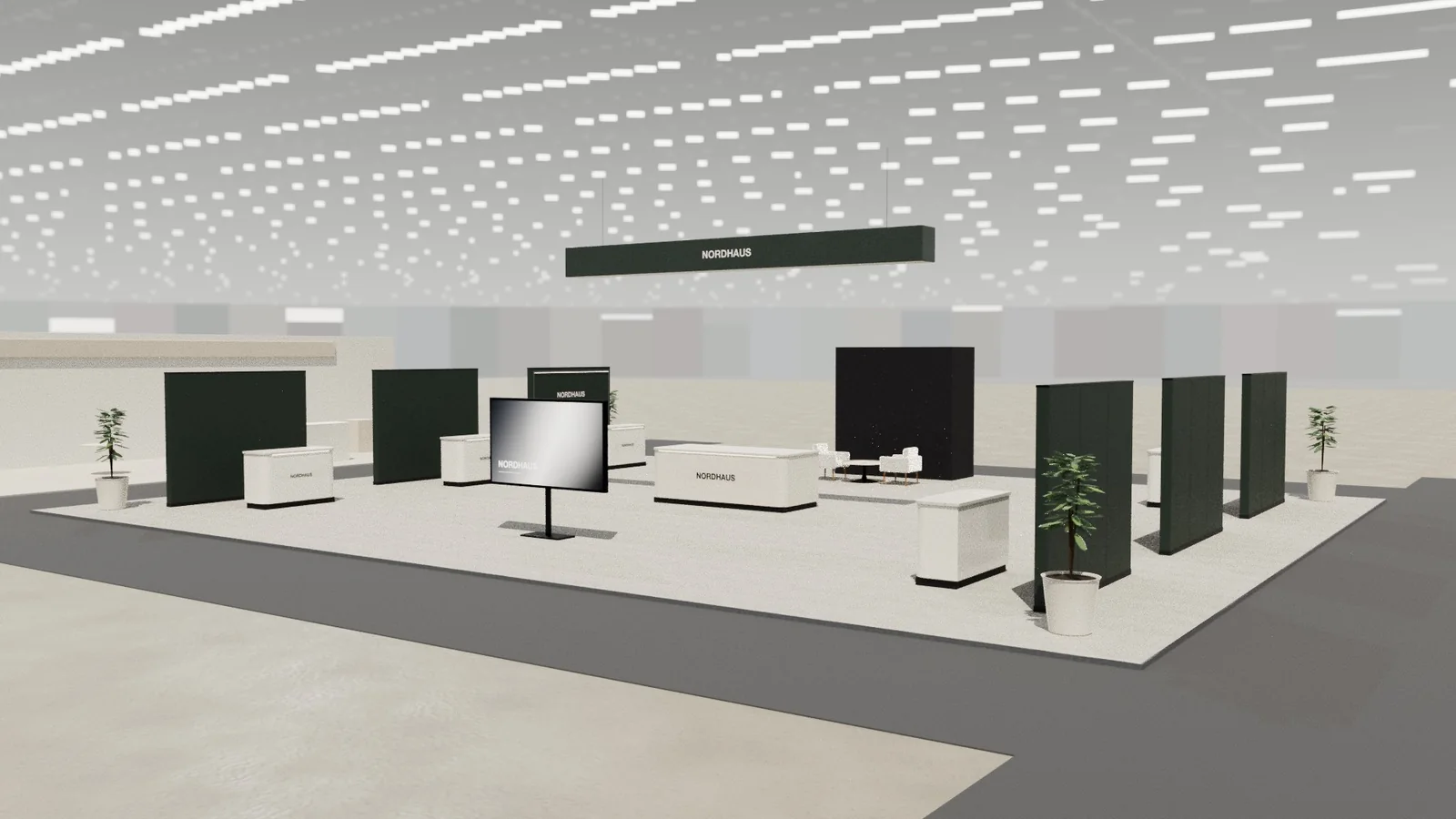 Country pavilion: 20 × 16 m island stand rendered in Studio
