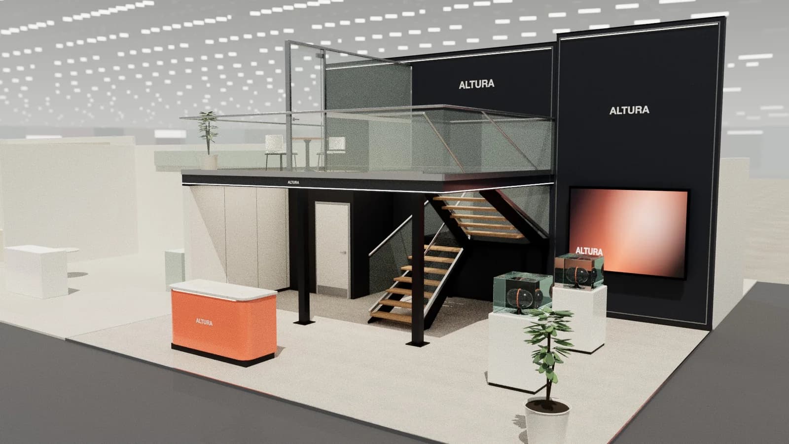 Double-deck corner: 9 × 7 m double-deck corner stand rendered in Studio
