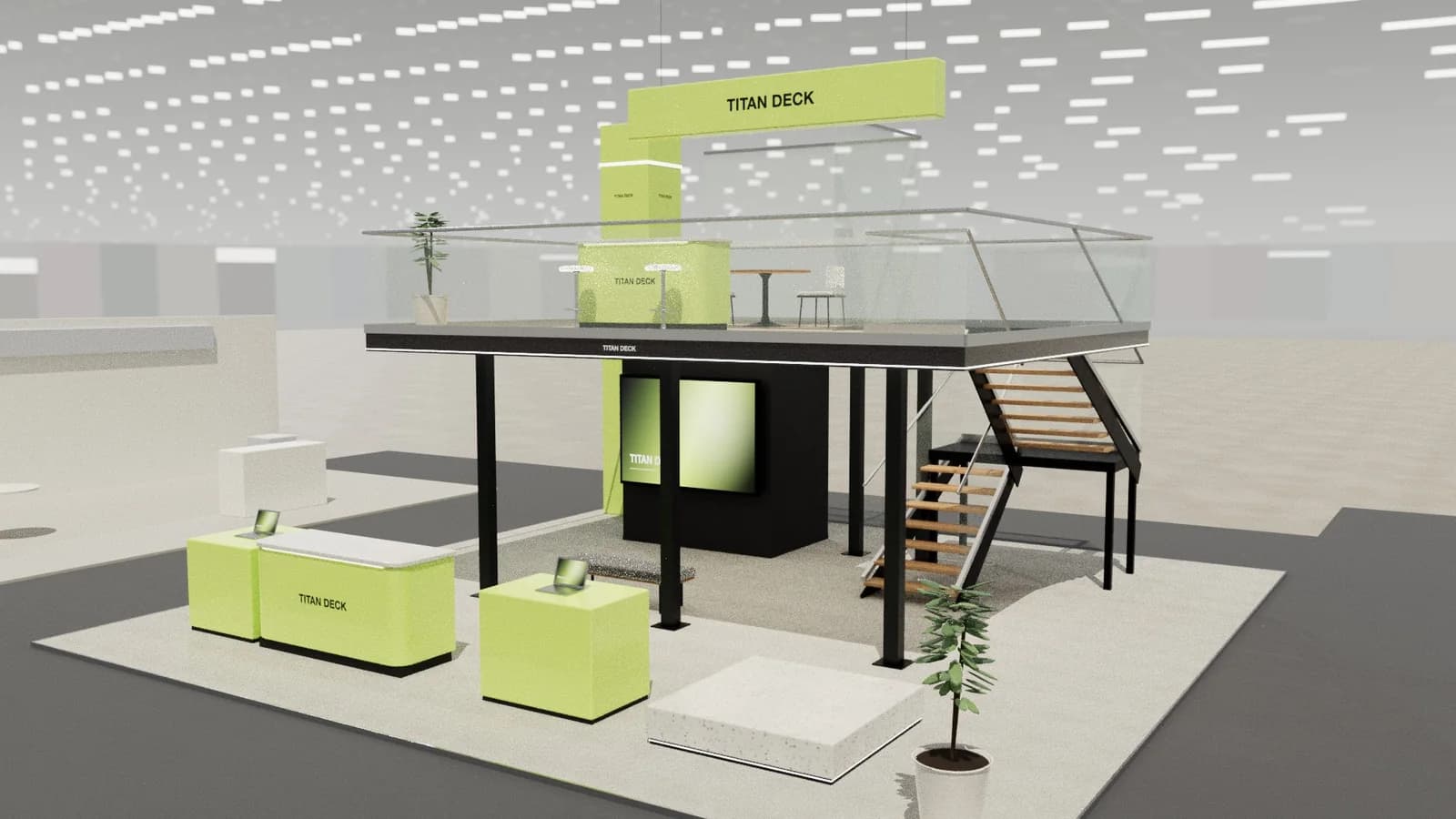 Double-deck island: 10 × 10 m double-deck island stand rendered in Studio