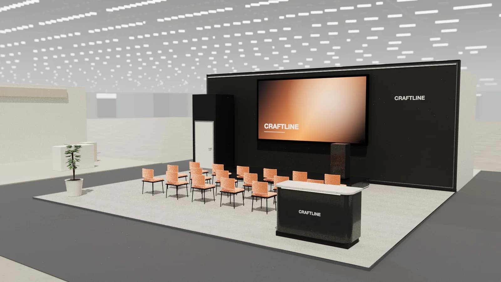 Presentation theatre: 10 × 8 m peninsula stand rendered in Studio