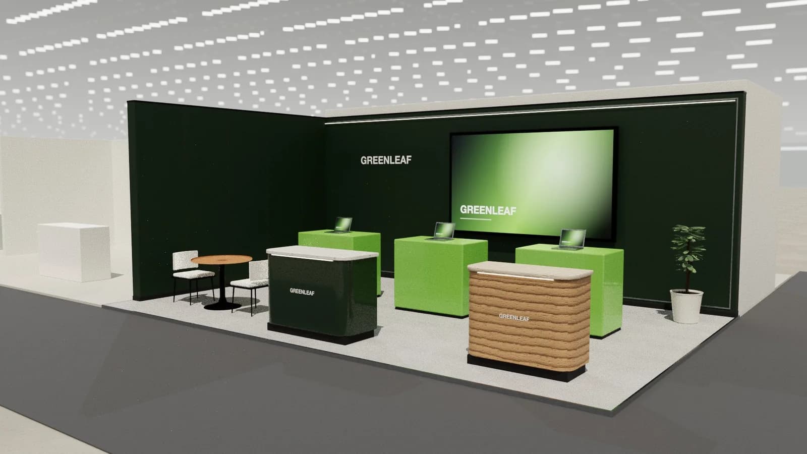 Software demo desks: 8 × 5 m corner stand rendered in Studio