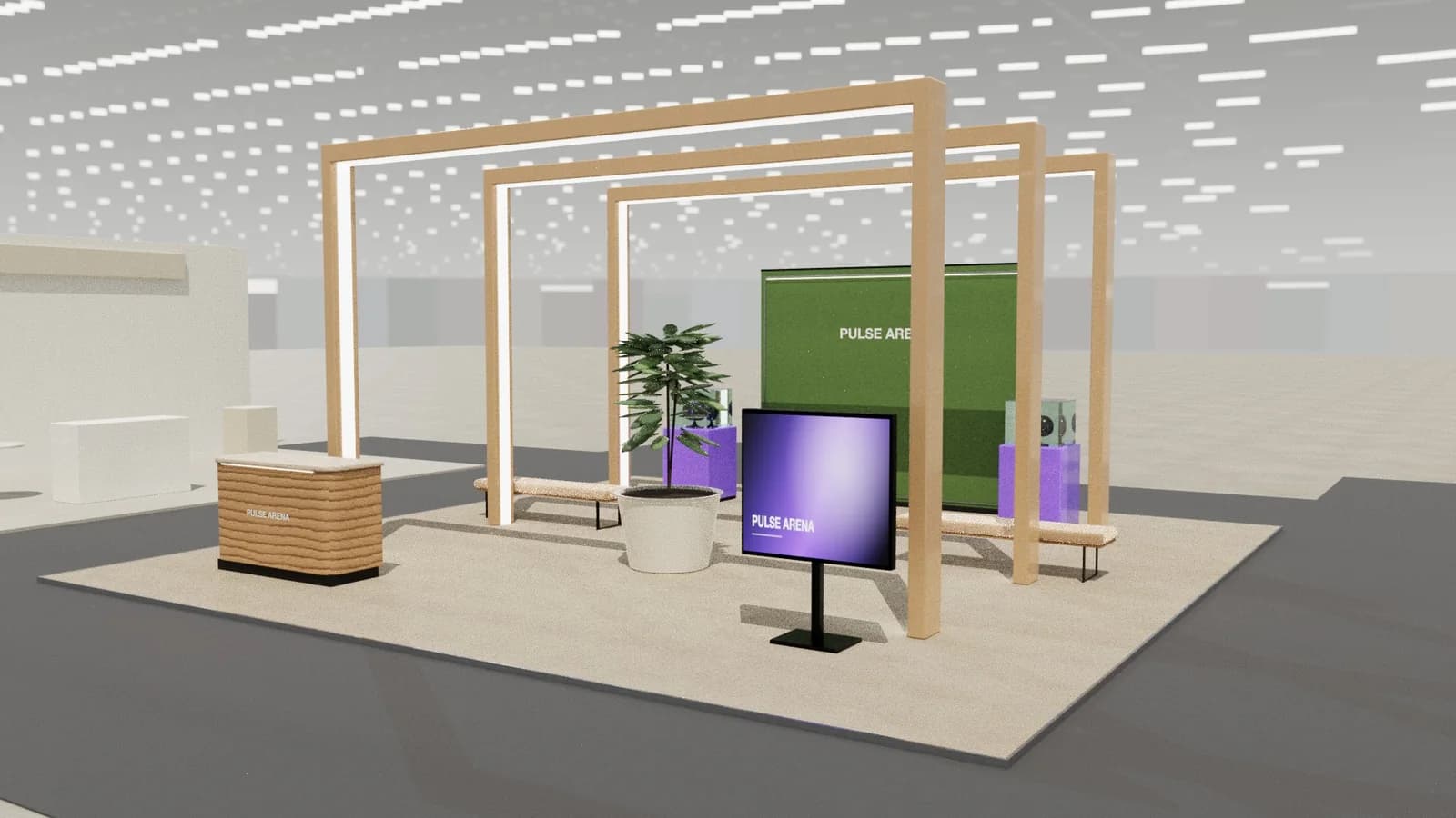 Timber pavilion: 9 × 9 m island stand rendered in Studio