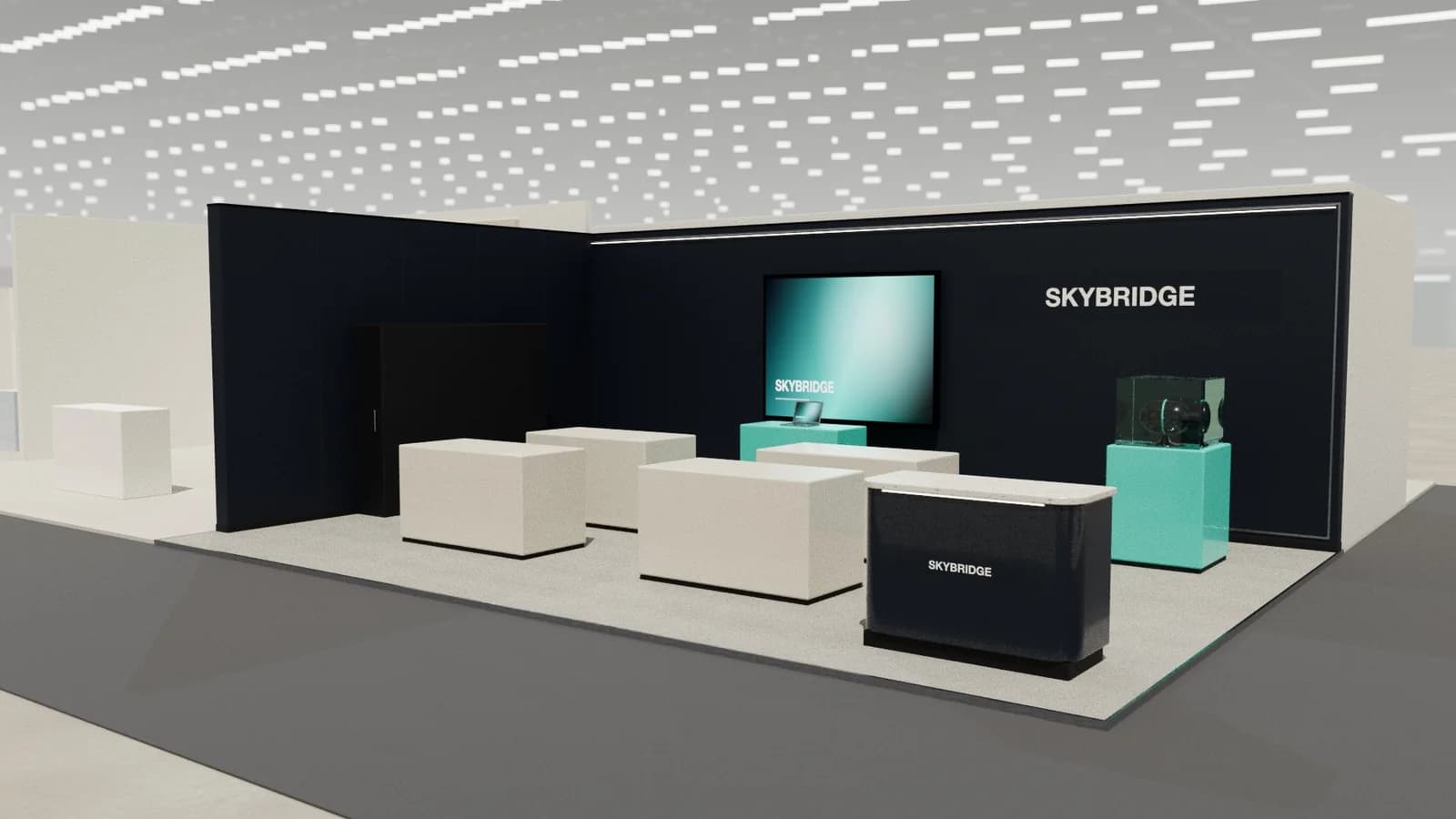 Training workshop: 9 × 6 m corner stand rendered in Studio