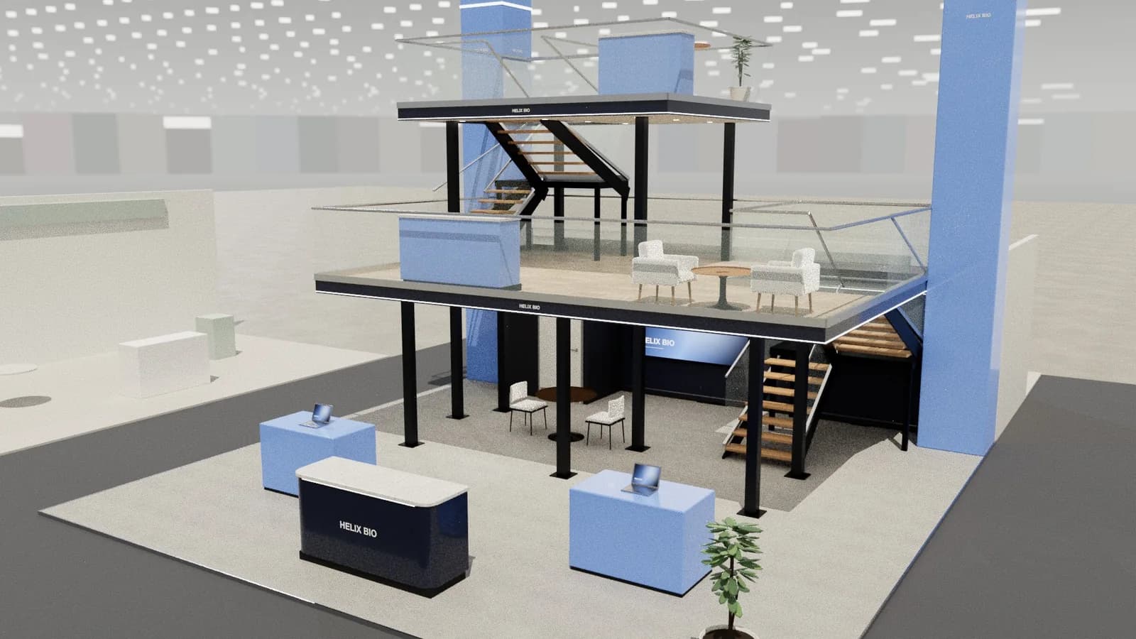 Triple-deck peninsula: 10 × 10 m triple-deck peninsula stand rendered in Studio