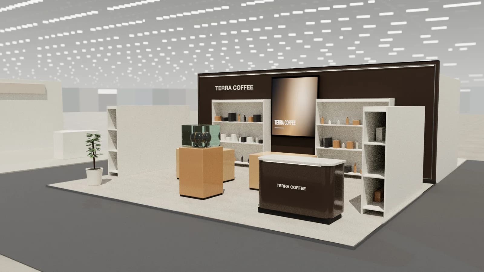 Retail showroom: 8 × 6 m peninsula stand exhibition stand idea